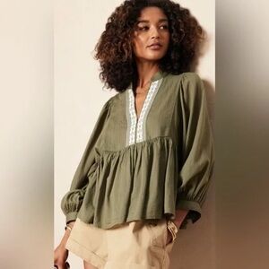 BANANA REPUBLIC Women's Small Balloon Sleeve Baby Doll Blouse Olive Green Flowy